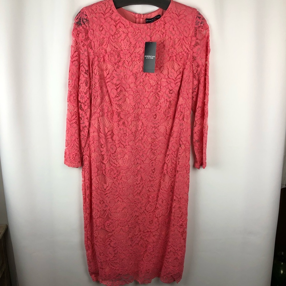 American Living Coral Pink Knee Length Lace Dress - Size 14